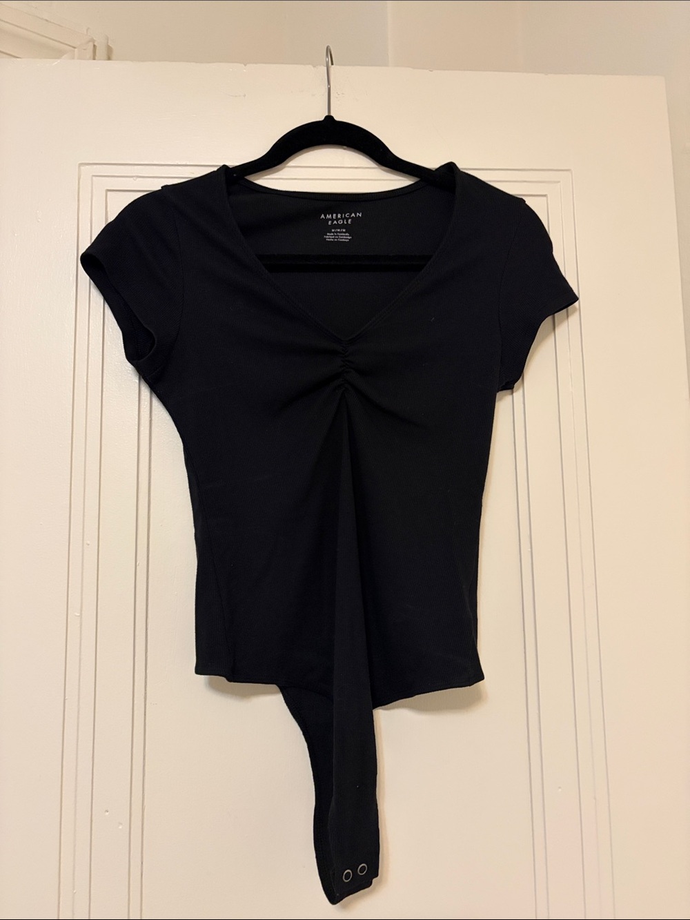 American Eagle Outfitters Black Short-Sleeve Ruched Front Bodysuit with Tie